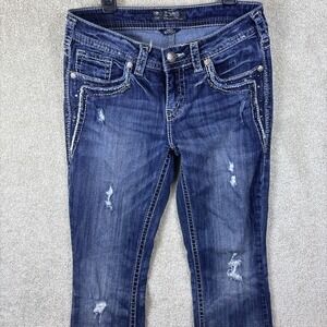 Silver Jeans Co Womens 28x31 Blue Denim AIKO BOOTCUT Distressed Embellished *SEE